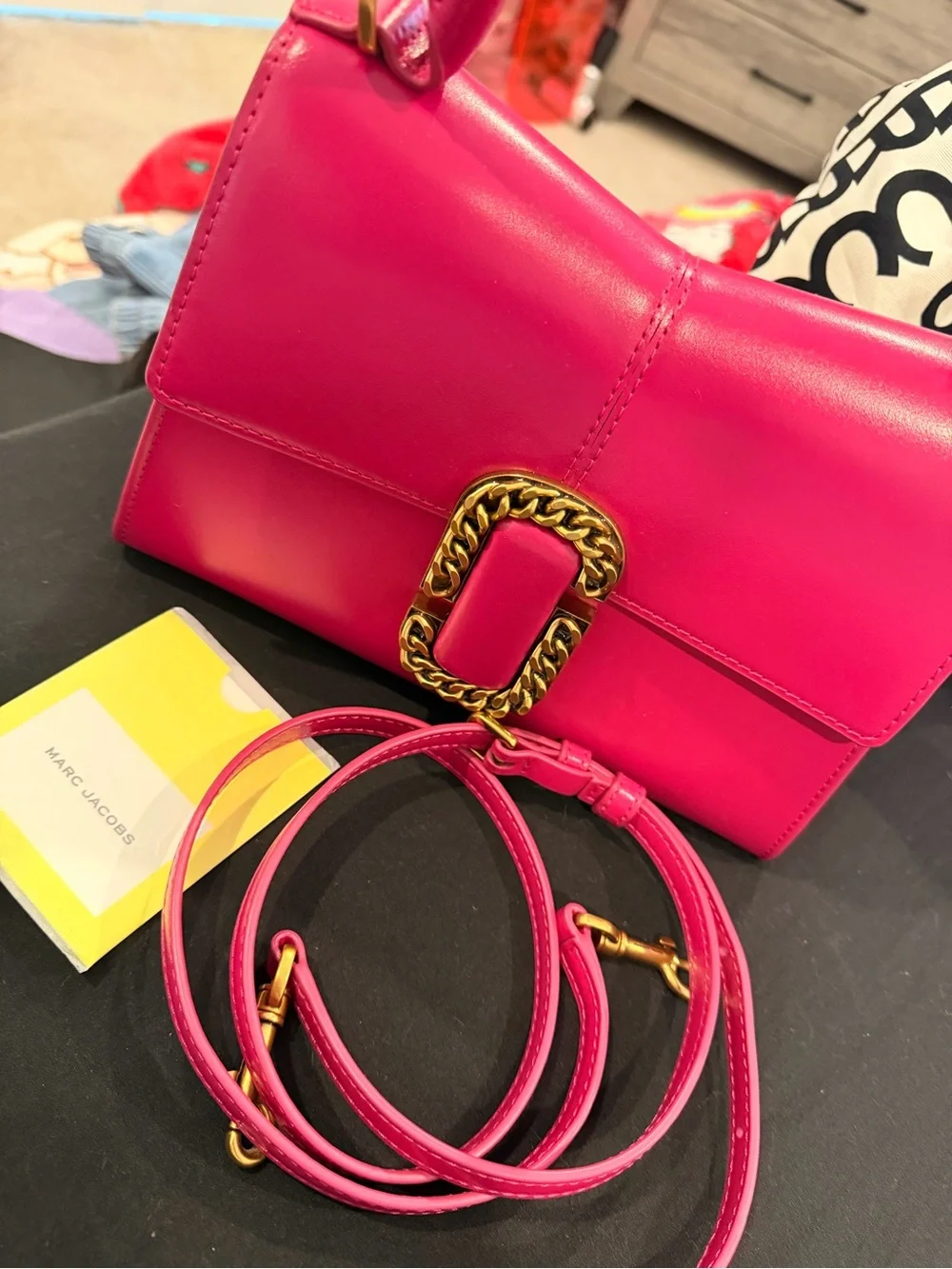 Marc Jacobs Vibrant Pink Leather Crossbody with Gold Chain Buckle